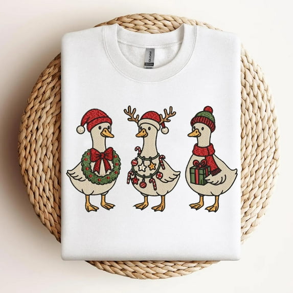 EMBROIDERED Merry Christmas Goose Shirt, Goose With Santa Hat Embroidery Sweatshirt, Christmas Embroidered Holiday Crewneck, Xmas Gift