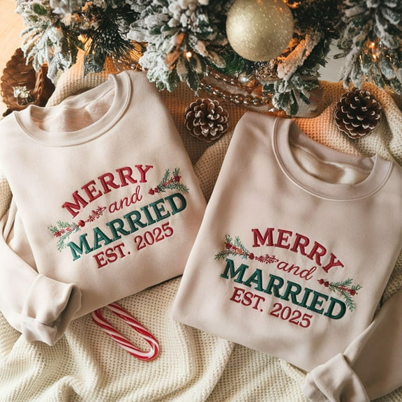 EMBROIDERED Merry and Married Sweatshirt, Christmas Newlywed Matching Couple Sweaters, Christmas Wedding Sweater, Christmas Couple Shirts