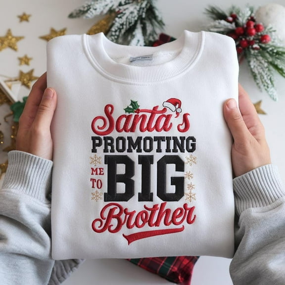 EMBROIDERED Santa Promoting Me To Big Brother Sweatshirt, Christmas Pregnancy Reveal Shirt, Holiday Big Brother Announcement Sweater