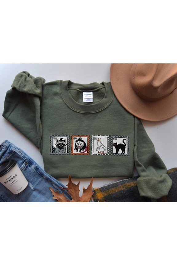 EMBROIDERED Stay Trashy Raccoon Embroidered Crewneck Feral Fall Sweater Weirdcore Halloween Shirt Cute Ghost Spooky Season Dark Humor