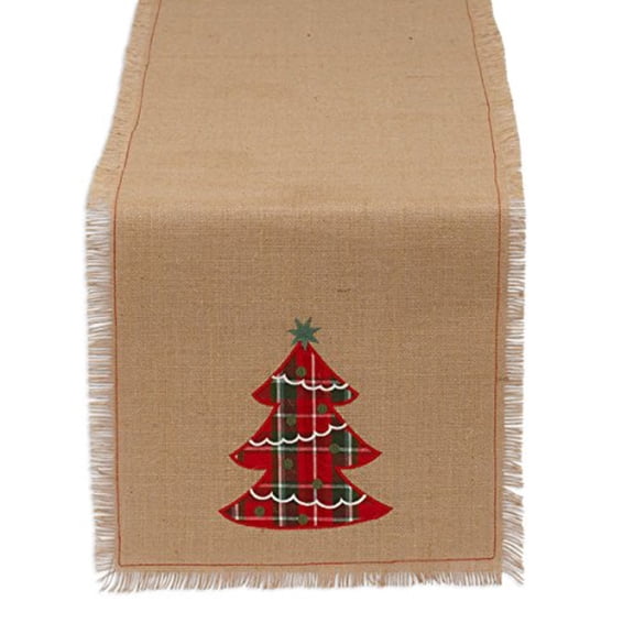 DII 100% Jute, Holiday Embroidered Tree, 14 x 72" Fringe Burlap Table Runner