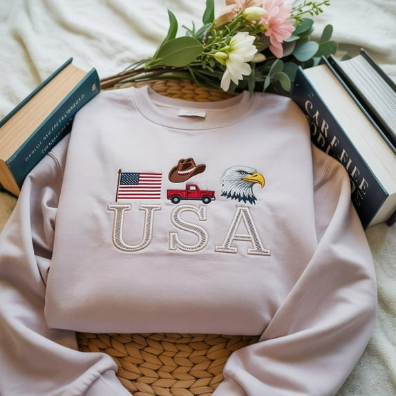 EMBROIDERED USA Icons Sweatshirt, Patriotic Summer Shirt, 4th of July Shirt, American Flag Graphic Tee, Memorial Day Shirt,Vintage USA Shirt