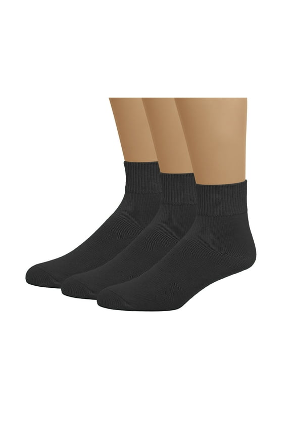 Men's Big and Tall Knig Size Diabetic Circulatory Non-Binding Loose Top Casual Ankle Quarter Low Cut Cotton Seamless Toe Hosiery Socks 3-Pack Black X-Large