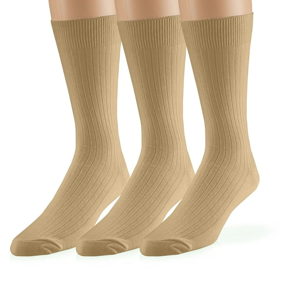 EMEM Apparel Men's Big and Tall King Size Casual Soft Ribbed Cotton Knit Classic Mid Calf Crew Dress Hosiery Socks 3-Pack Khaki 13-15