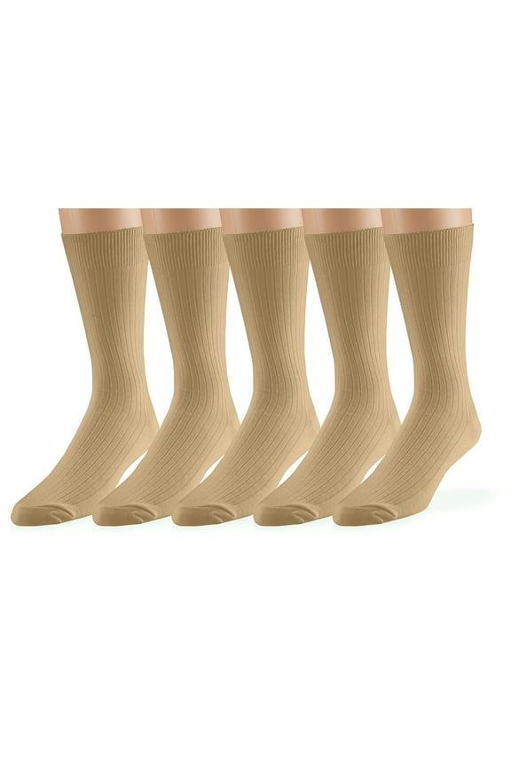 Men's Casual Soft Ribbed Cotton Knit Classic Mid Calf Crew Dress Hosiery Socks 5-Pack Khaki 10-13