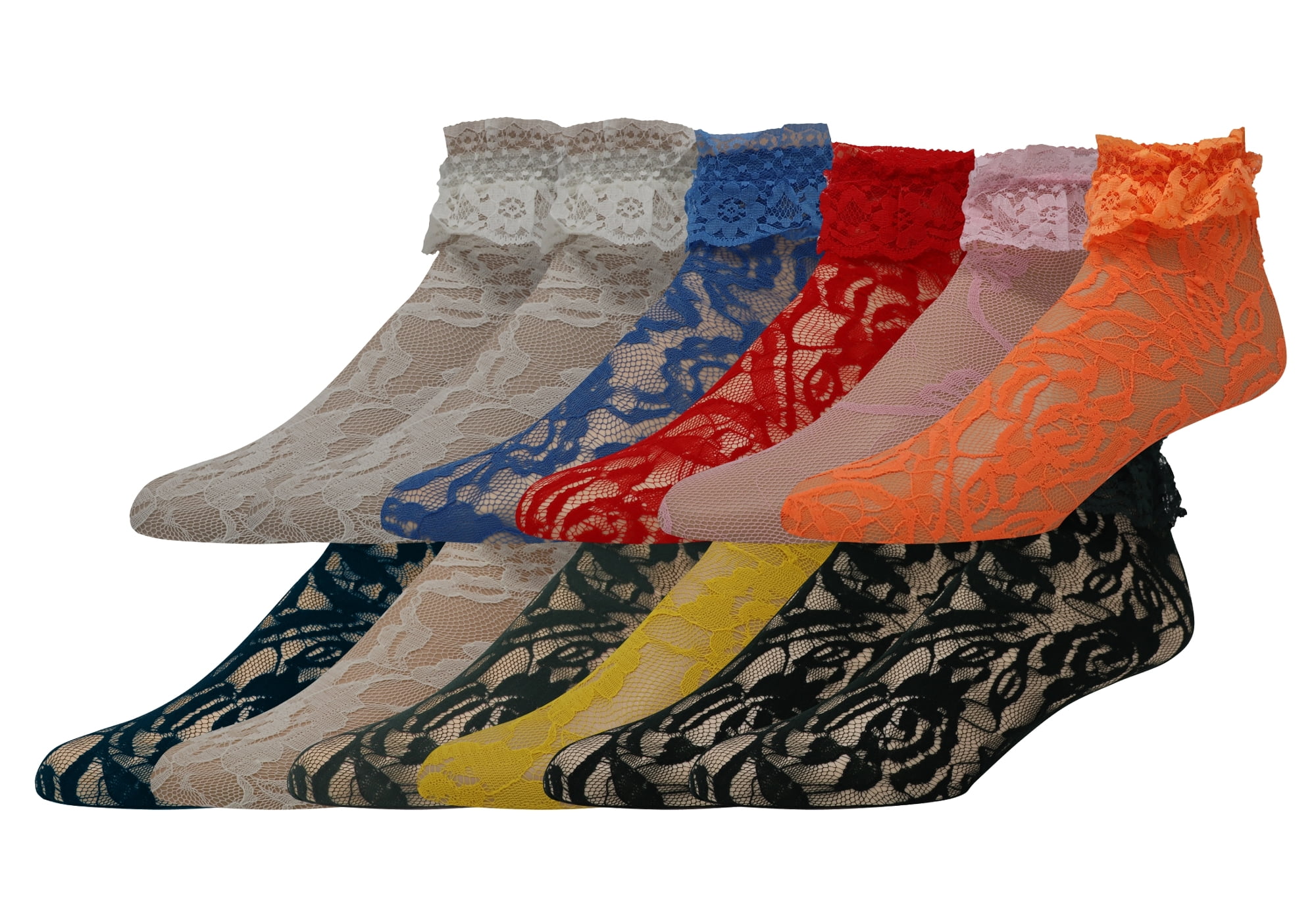 EMEM Apparel Women's Ladies Lace Anklet Ankle Quarter Socks Stockings with Ruffle Assorted 12-Pack 9-11