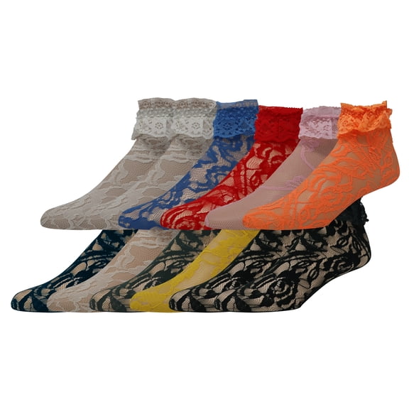 EMEM Apparel Women's Ladies Lace Anklet Ankle Quarter Socks Stockings with Ruffle Assorted 12-Pack 9-11