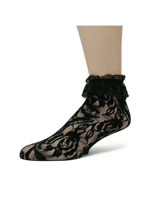 Women's Ladies Lace Anklet Ankle Quarter Socks Stockings with Ruffle Black 9-11