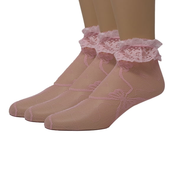 EMEM Apparel Women's Ladies Lace Anklet Ankle Quarter Socks Stockings with Ruffle Light Pink 9-11 3-Pack
