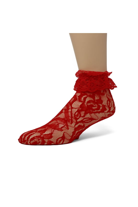 Women's Ladies Lace Anklet Ankle Quarter Socks Stockings with Ruffle Red 9-11