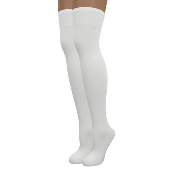 EMEM Apparel Women's Ladies Opaque Stretchy Nylon Over-The-Knee Thigh High Hosiery Stockings Trouser Socks Tights, 2-Pairs White