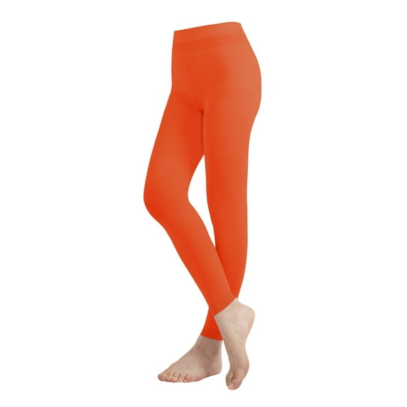 EMEM Apparel Women's Ladies Solid Colored Seamless Opaque Dance Ballet Costume Full Length Microfiber Footless Tights Leggings Stockings Neon Orange A