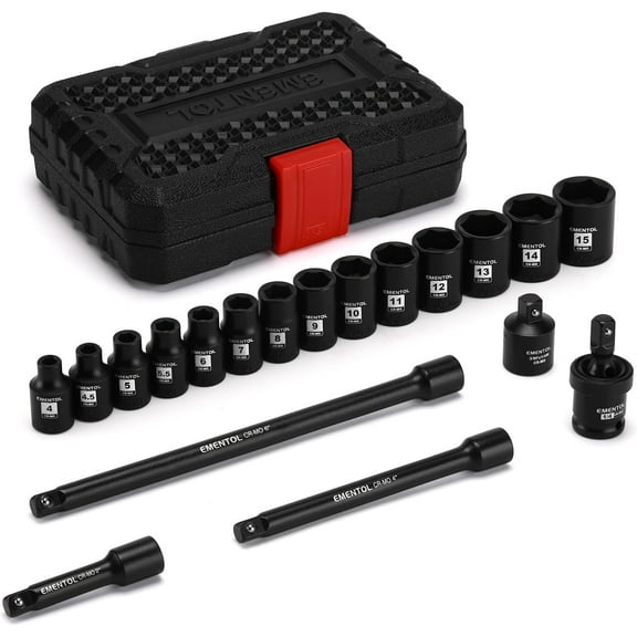 EMENTOL 1/4 Inch Drive Magnetic Impact Socket Set, 19-Piece Metric, 4-15mm, 6 Point, Shallow, Cr-Mo,Magnetic Sockets with Universal Joint & Extension Bar