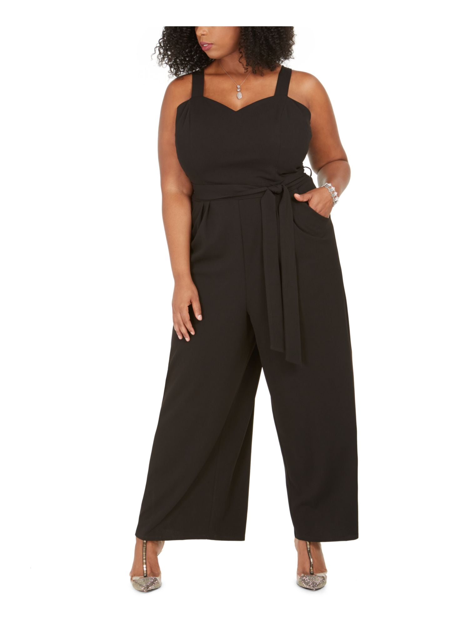 EMERALD SUNDAE Womens Black Belted Sleeveless Sweetheart Neckline Jumpsuit Wide Leg 18