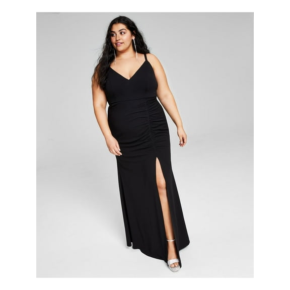EMERALD SUNDAE Womens Black Stretch Slitted Zippered Shirred Spaghetti Strap V Neck Full-Length Formal Gown Dress Juniors 18