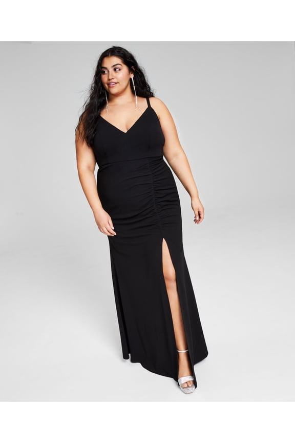 Womens Black Stretch Slitted Zippered Shirred Spaghetti Strap V Neck Full-Length Formal Gown Dress Juniors 18