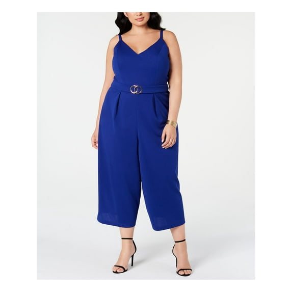 EMERALD SUNDAE Womens Blue Spaghetti Strap V Neck Evening Wide Leg Jumpsuit Plus 2X