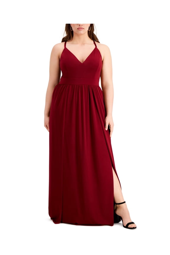 Womens Burgundy Slitted Lace Spaghetti Strap V Neck Full-Length Evening Empire Waist Dress 20