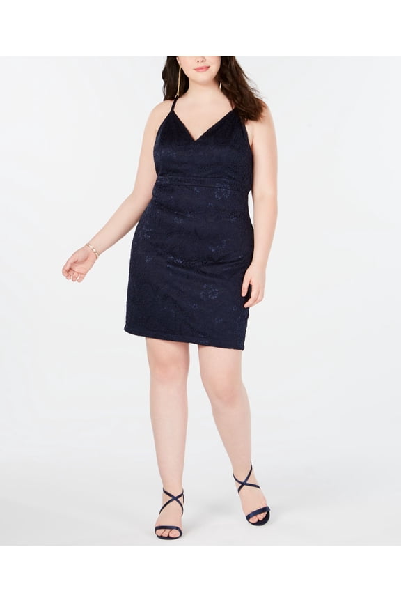 Womens Navy Racerback Spaghetti Strap V Neck Above The Knee Cocktail Body Con Dress Plus 1X