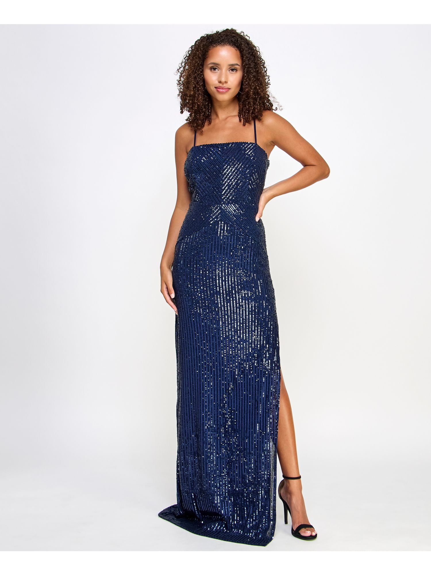 SAY YES TO THE PROM Womens White Sequined Slitted Ruffled Lined Padded Spaghetti Strap V Neck Full-Length Formal Gown Dress main image 0