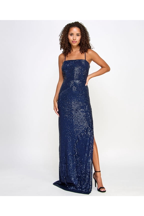 Womens Navy Sequined Adjustable Padded Slitted Lined Zippered Spaghetti Strap Square Neck Full-Length Evening Gown Dress Juniors XXS