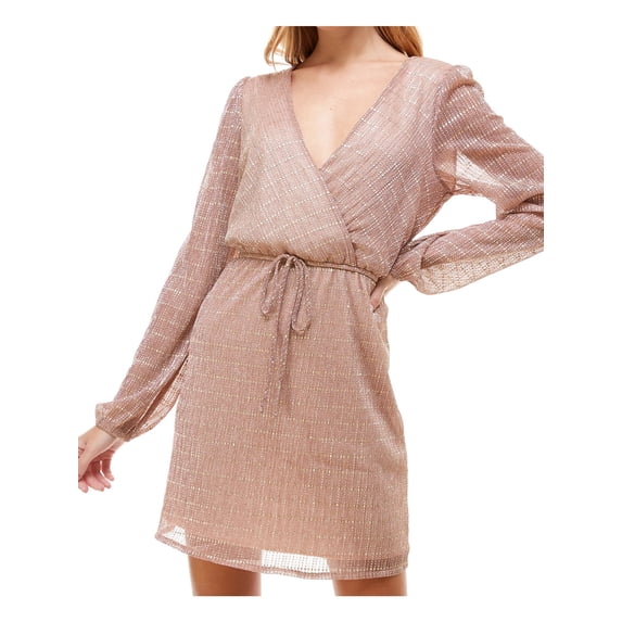EMERALD SUNDAE Womens Pink Textured Metallic Striped Long Sleeve Surplice Neckline Mini Party A-Line Dress M