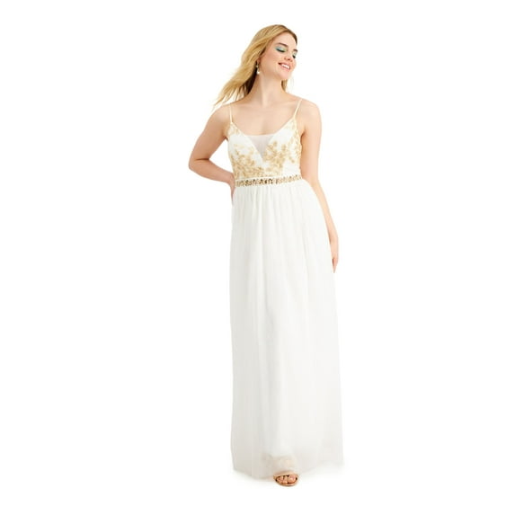 EMERALD SUNDAE Womens White Sequined Floral Spaghetti Strap Sweetheart Neckline Full-Length Formal Empire Waist Dress 17
