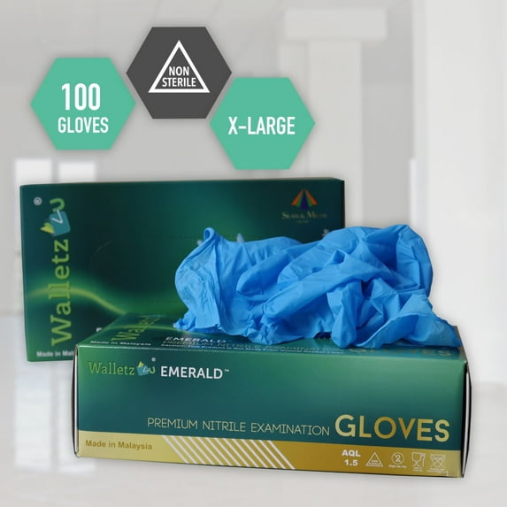 EMERALD US Premium Nitrile Exam Gloves XL, 100 Count, Powder-Free, Latex Free Natural Rubber Free, Single Use Non-Sterile, Beaded Cuff, Box/100 Extra Large/XL