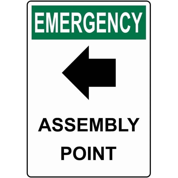 EMERGENCY Assembly Point Left Arrow With Symbol Metal Tin Sign 8x12 Inch Caution Plaque Signage Marker for Commercial Building Office Mall School Factory Warehouse Business Outdoor Indoor Wall Decor