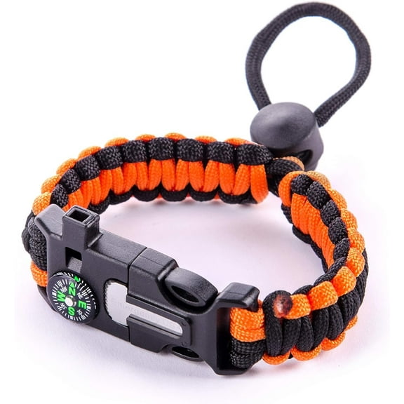 EMERGENCY USA Paracord Bracelet  Adjustable Size  Fire Starter  Loud Whistle Orange & Black