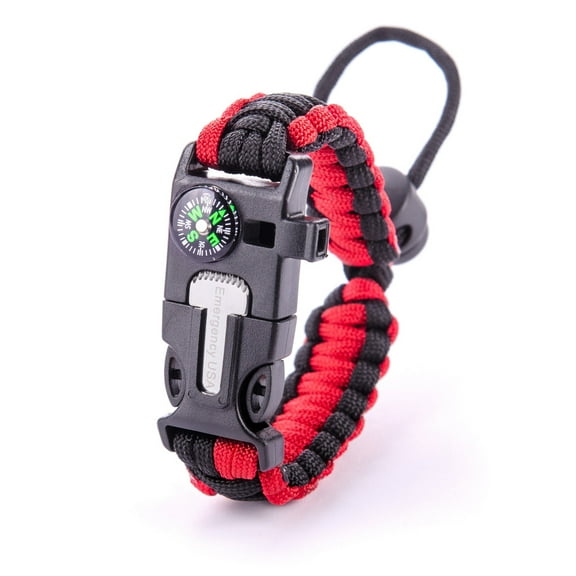 EMERGENCY USA Survival Paracord Bracelets - Survival Kit - Hiking Gear- Strong, Versatile Paracord Multitool - Compass, Whistle, and Fire Starter - Ideal EDC Camping and Hunting, Red Black