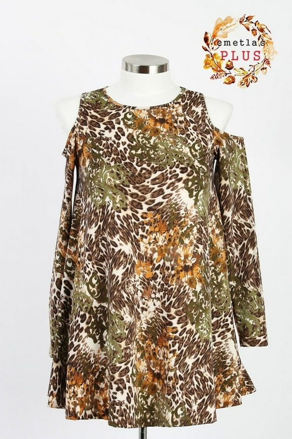 EMETLA Plus Size Long Sleeve Leopard Print Cold Shoulder Dress or Tunic