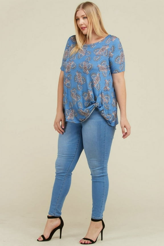 EMETLA Women's Plus Size Knotted Front Short Sleeve Paisley Top (2XL)