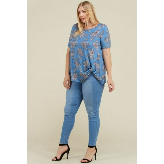 EMETLA Women's Plus Size Knotted Front Short Sleeve Paisley Top (3XL)