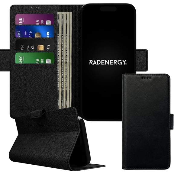 EMF Blocking Leather Phone Wallet Case for Universal Large-Sized Phones, FCC-Recognized & NVLAP-Accredited Lab Tested Up to 99% Reduction, RFID, EMF Cell Phone Cover, Magnetic Plate, Black