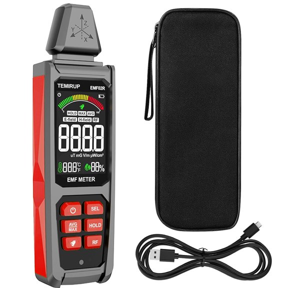 EMF Detector, 5 in 1 Handheld EMF Meter Radiation Detector, Detects EF, RF, MF, WiFi Signal,Temperature, Humidity, Reargeable EMF Reader with Large Color LCD for , Office, Ghost Hunting
