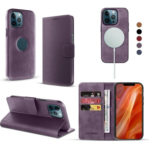 RadEnergy EMF Protection Leather Wallet Case for iPhone 14 Plus, Magnetic Stand Cover, Purple