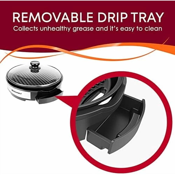 EMG6505G 12" Smokeless Indoor Electric BBQ Grill with Glass Lid Dishwasher Safe, Nonstick, Adjustable Temperature, Fast Heat Up, Low-Fat Meals Easy to Clean Design