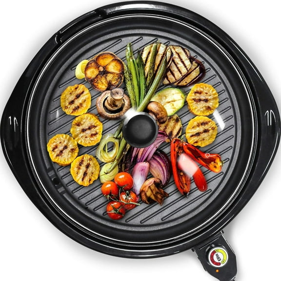 Ahot EMG-980B Smokeless Electric Tabletop Grill Nonstick, 6-Serving, Dishwasher Safe Removable Grilling Plate, Grill Indoor, Tempered Glass Lid, Adjustable Temperature, 14" Black