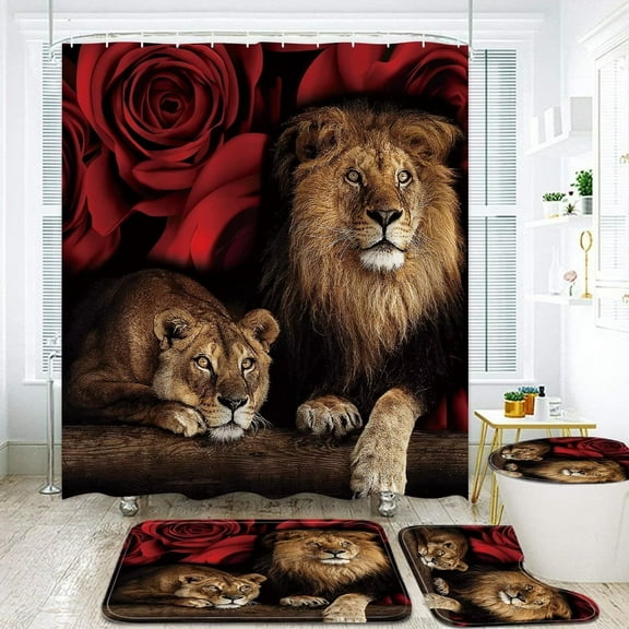 EMHOME Red Rose and Lion Polyester Shower Curtain, 72" x 72" Waterproof