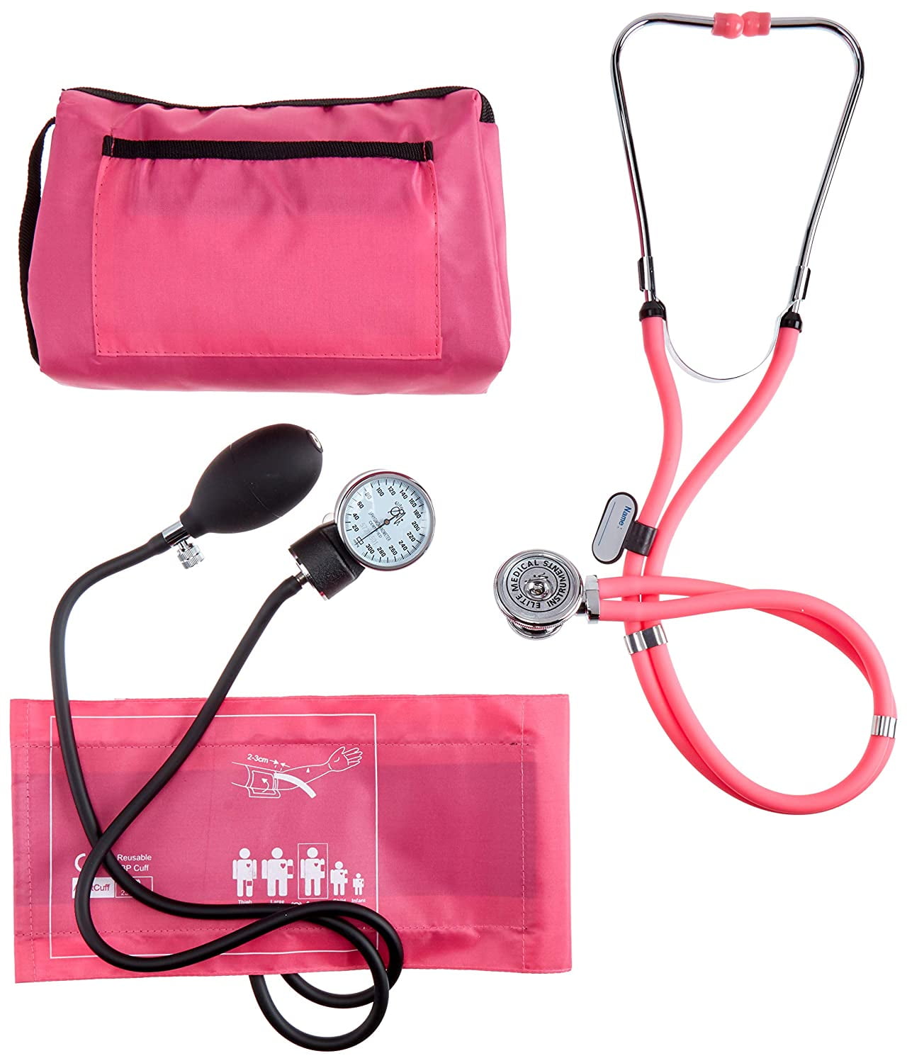 EMI ALL PINK SET Sprague Rappaport Stethoscope and Aneroid Sphygmomanometer Blood Pressure Set Kit - #330