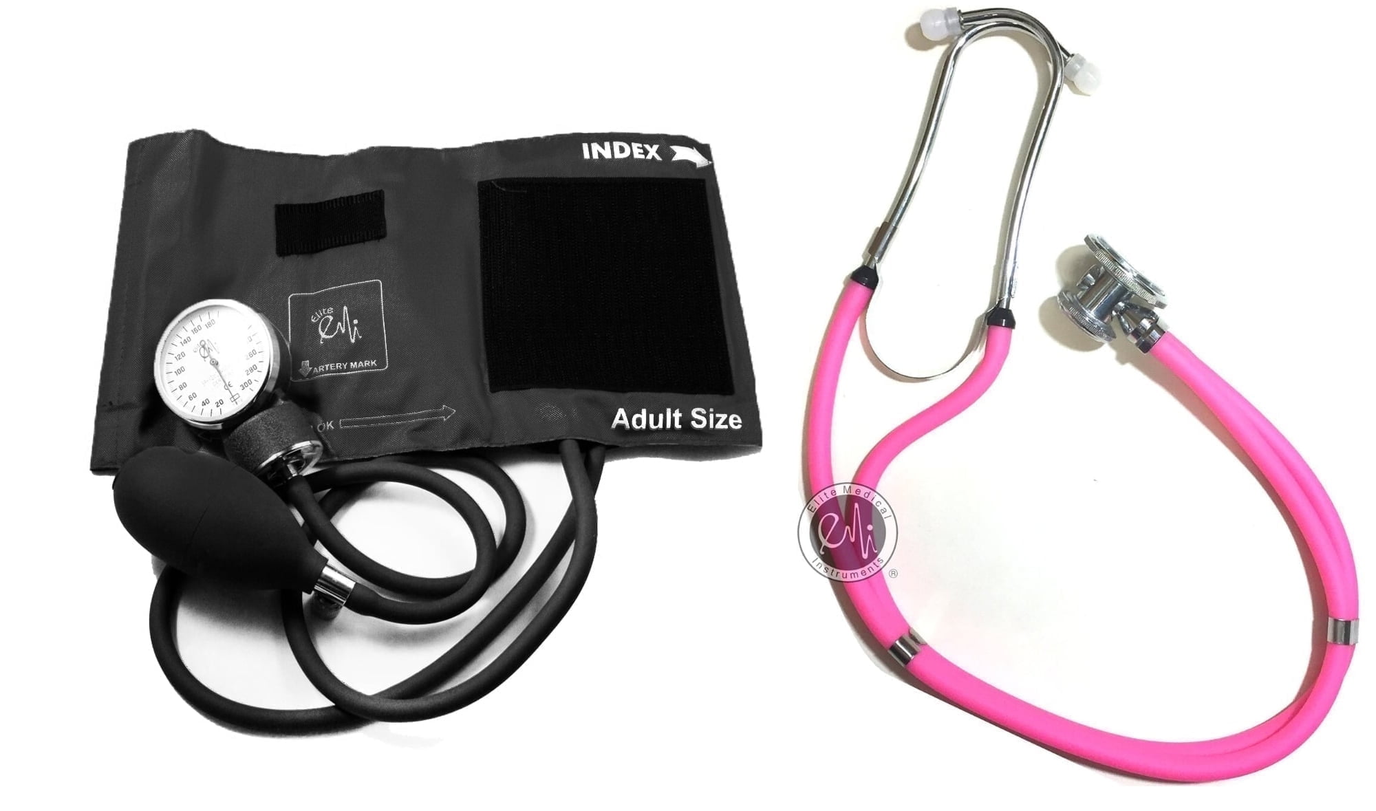 EMI Pink Sprague Rappaport Stethoscope with Black Aneroid Sphygmomanometer Blood Pressure Cuff Set #340