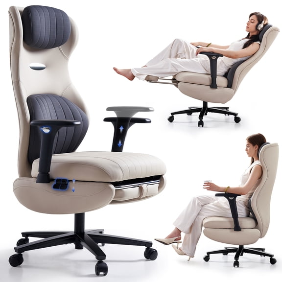 EMIAH Ergonomic Office Chair with Foot Rest Reclining Office Chair with Adjustable Arms and Headrest High Back Gaming Chair with Lumbar Support, PU Leather Beige