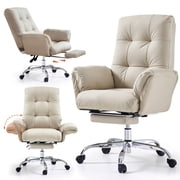 EMIAH Heated and Massage Office Chair with Foot Rest Criss Cross Chair with Wheels and Flip-up Arms Reclining Comfy Desk Chair PU Leather Rolling Computer Home Office Chair Beige