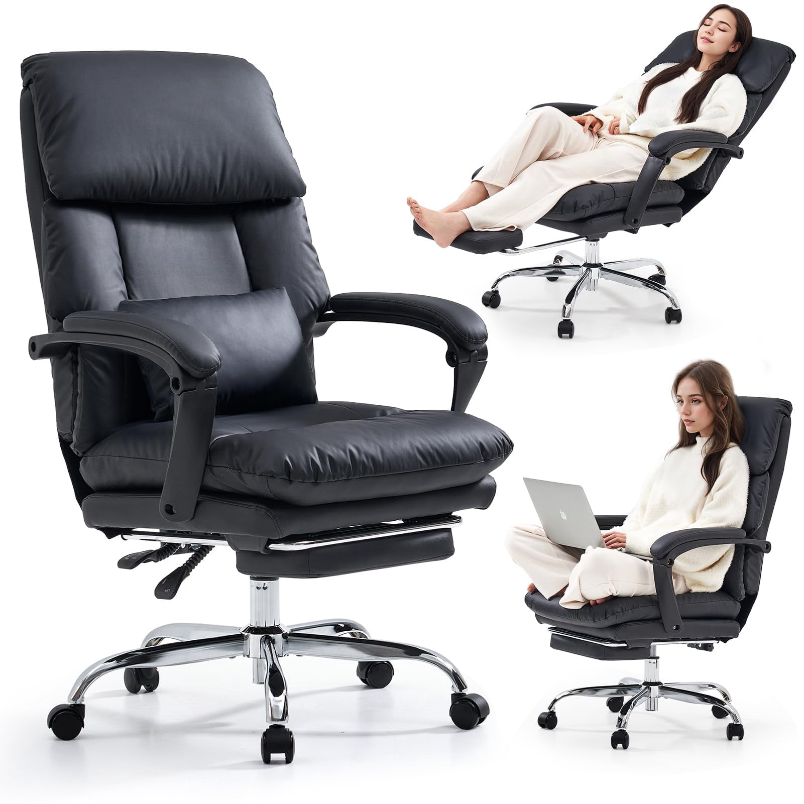 EMIAH Real Leather Office Chair with Foot Rest, Reclining Ergonomic Executive Office Chair with Arms, High Back Comfy Swivel Computer Desk Chairs with Wheels and Lumbar Support for Home Office, Black
