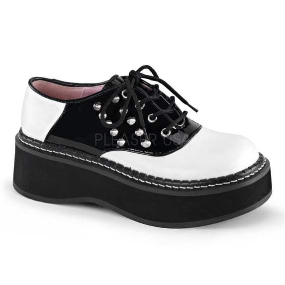 2" PF 5-Eyelet Lace Saddle Shoe w/Side Spikes - Wht Vegan Leather-Blk Pat, 10
