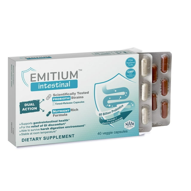 EMITIUM Intestinal, Probiotics [Selected strains] for intestinal Flora - Lactobacillus, Bifidobacterium, Artichoke, Vitamins and Minerals for Irritable Bowel - 40 Extended Release Capsules