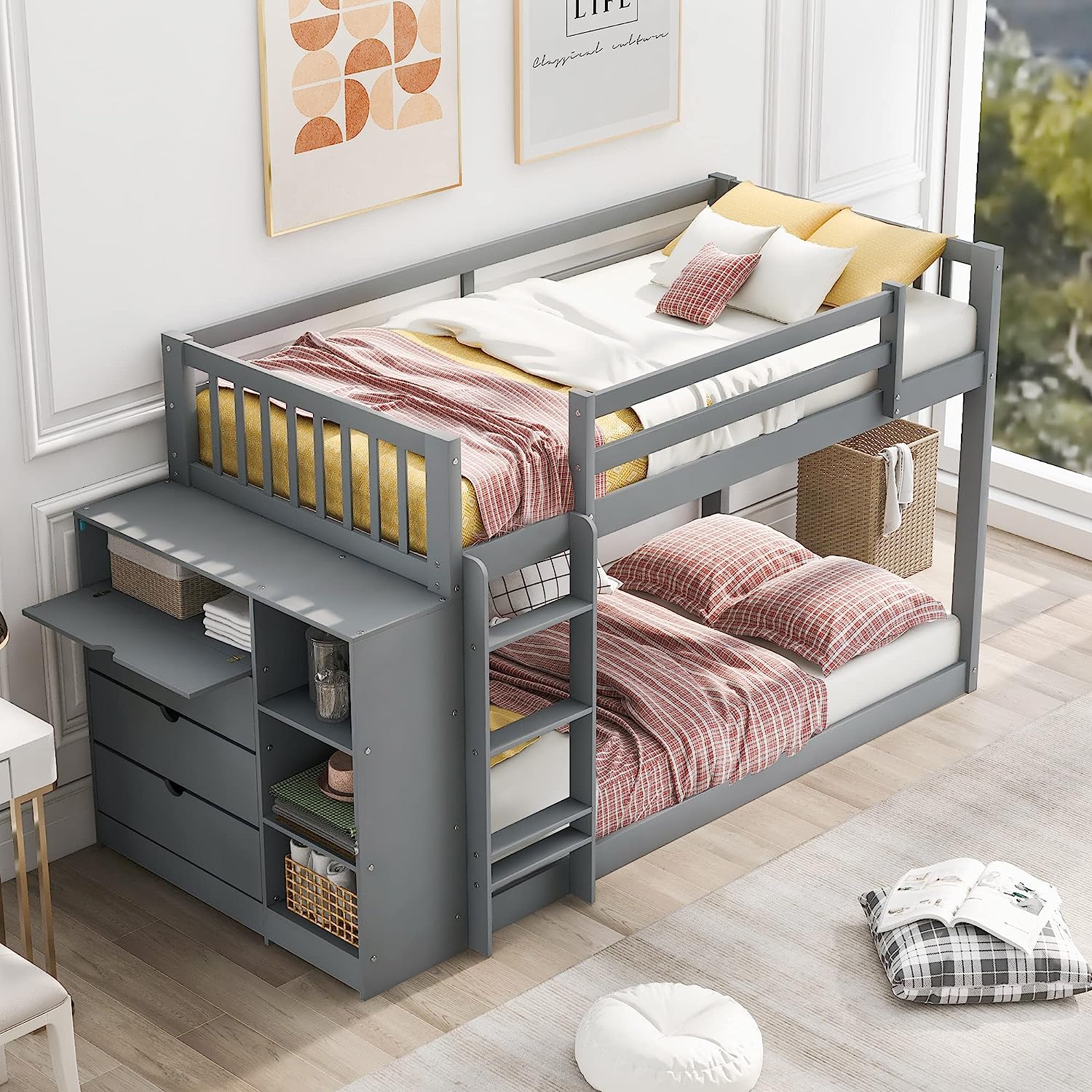 EMKK Triple TwinOver Double Twin Bunk Bed for Kids Bedroom Sturdy