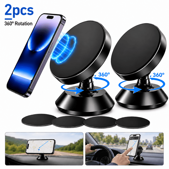 EMLIMNY Magnetic Phone Holder for Car Dashboard 2 Pack, 360 Rotating Adhesive Magnetic Car Cell Phone Mounts with 4 Metal Plates, Black