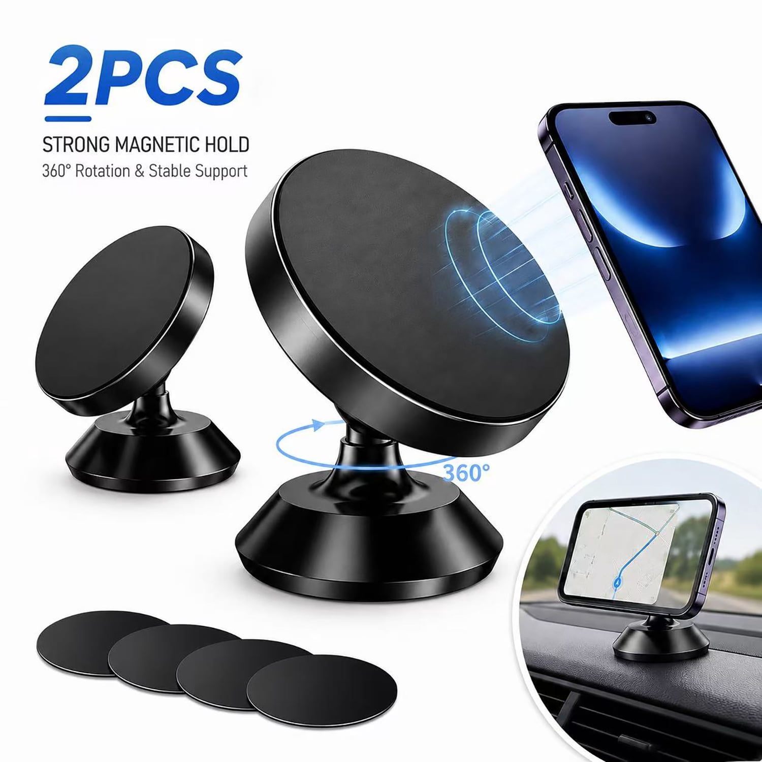 EMLIMNY 2 Pack Magnetic Phone Mount, Strong Magnet with 4 Metal Plate, Car Magnetic Phone Holder, 360 Rotation Universal Dashboard Car Mount Fits for iPhone Samsung Most Cell Phones